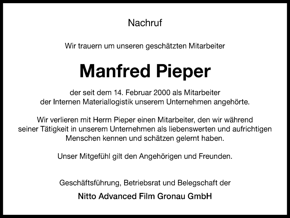  Traueranzeige für Manfred Pieper vom 26.04.2024 aus Münsterland Zeitung
