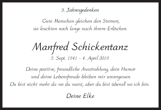 Traueranzeige von Manfred Schickentanz 