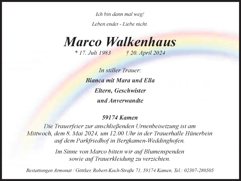  Traueranzeige für Marco Walkenhaus vom 27.04.2024 aus Hellweger Anzeiger