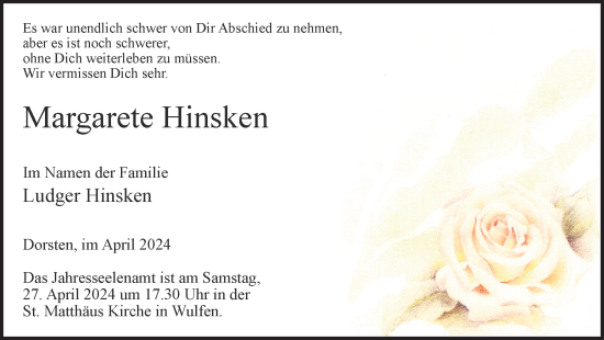 Traueranzeige von Margarete Hinsken von Ruhr Nachrichten und Dorstener Zeitung