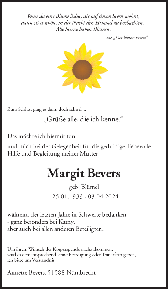 Traueranzeige von Margit Bevers von Ruhr Nachrichten