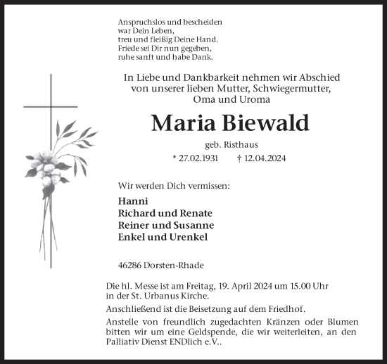 Traueranzeige von Maria Biewald von Ruhr Nachrichten und Dorstener Zeitung