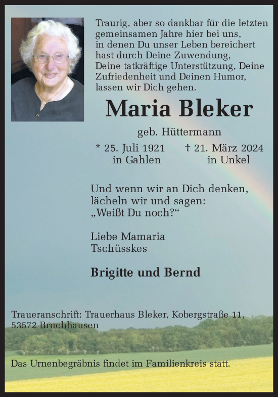 Traueranzeige von Maria Bleker von Ruhr Nachrichten und Dorstener Zeitung