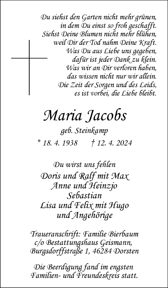 Traueranzeige von Maria Jacobs von Ruhr Nachrichten und Dorstener Zeitung