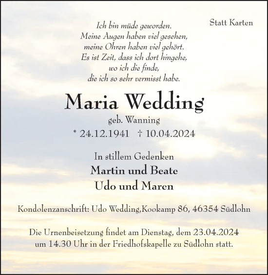 Traueranzeige von Maria Wedding