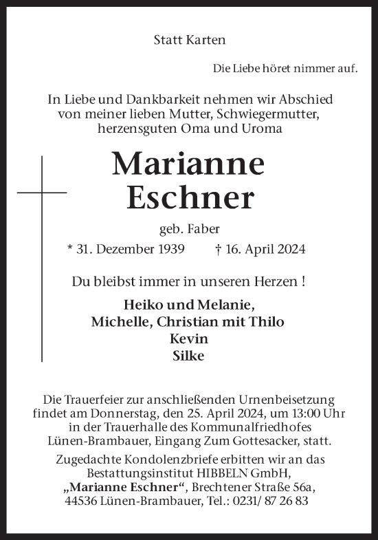 Traueranzeige von Marianne Eschner von Ruhr Nachrichten