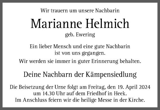 Traueranzeige von Marianne Helmich von Münsterland Zeitung