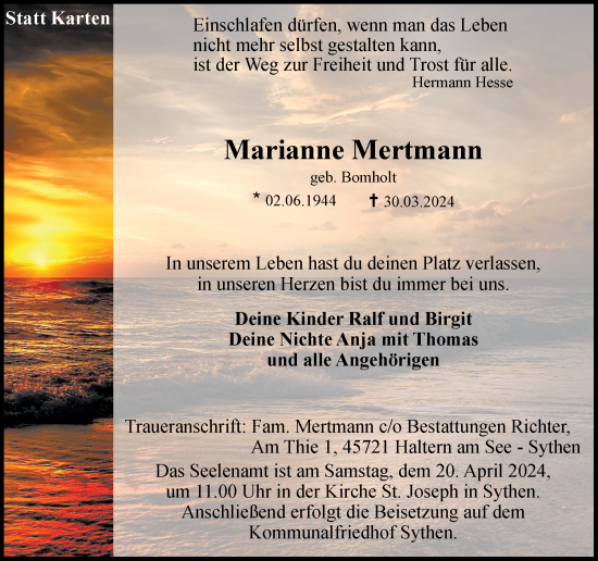 Traueranzeige von Marianne Mertmann von Ruhr Nachrichten und Halterner Zeitung