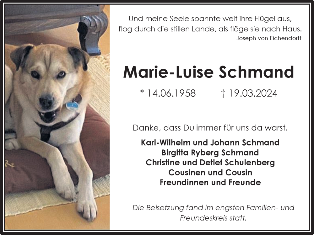  Traueranzeige für Marie-Luise Schmand vom 10.04.2024 aus Medienhaus Bauer