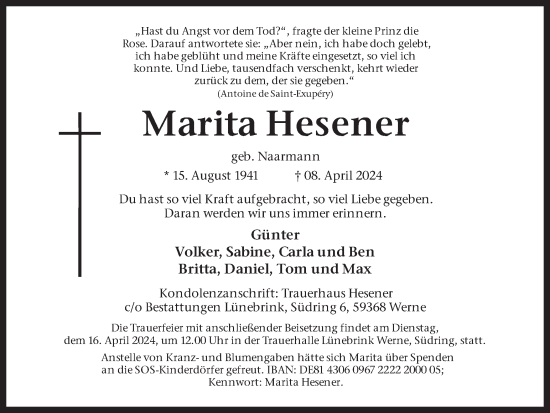 Traueranzeige von Marita Hesener von Ruhr Nachrichten