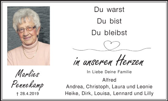 Traueranzeige von Marlies Pennekamp von Medienhaus Bauer