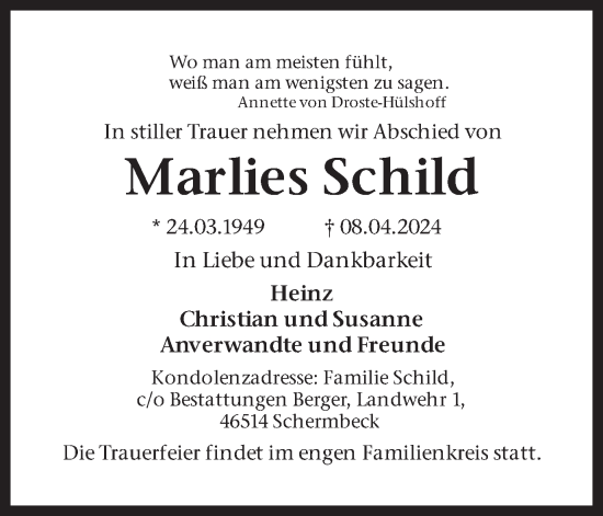Traueranzeige von Marlies Schild von Ruhr Nachrichten und Dorstener Zeitung