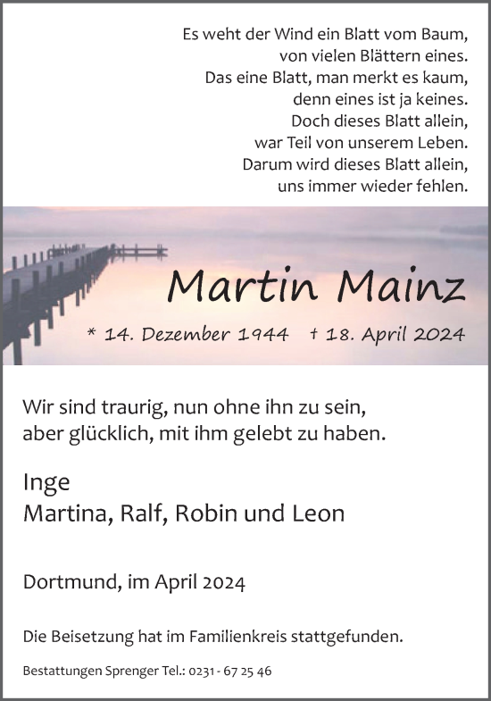 Traueranzeige von Martin Mainz 