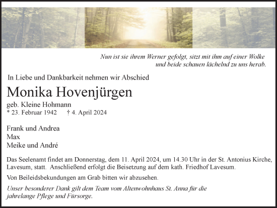 Traueranzeige von Monika Hovenjürgen von Ruhr Nachrichten und Halterner Zeitung