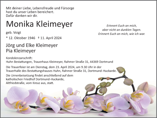 Traueranzeige von Monika Kleimeyer 