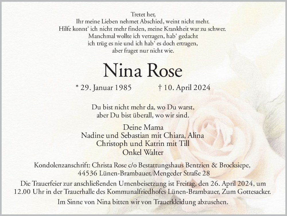  Traueranzeige für Nina Rose vom 20.04.2024 aus 