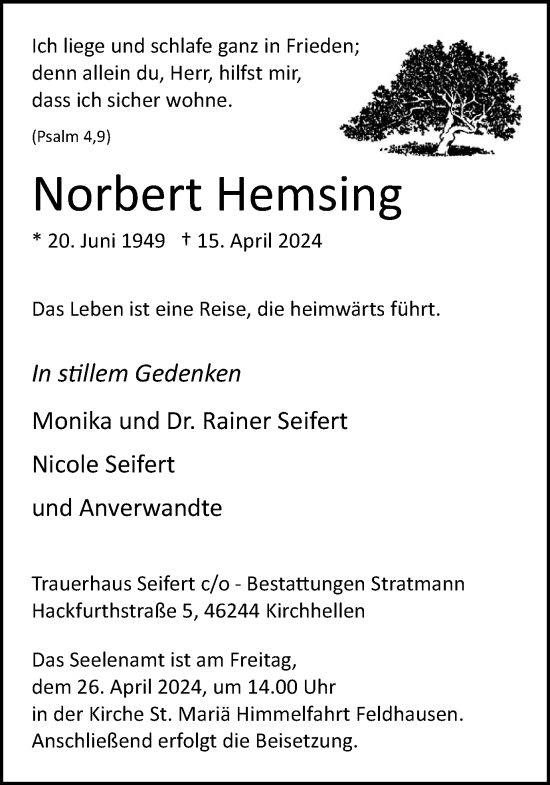 Traueranzeige von Norbert Hemsing von Ruhr Nachrichten und Dorstener Zeitung