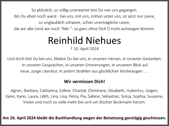 Traueranzeige von Reinhild Niehues von Ruhr Nachrichten
