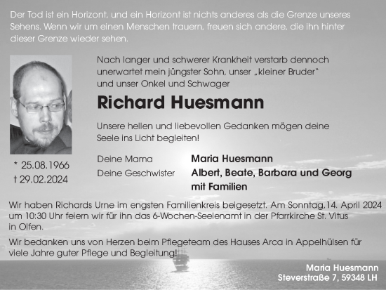 Traueranzeige von Richard Huesmann von Ruhr Nachrichten