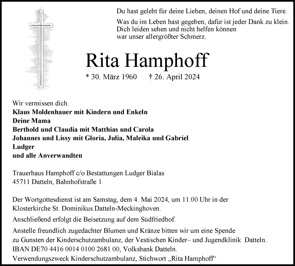  Traueranzeige für Rita Hamphoff vom 30.04.2024 aus Medienhaus Bauer
