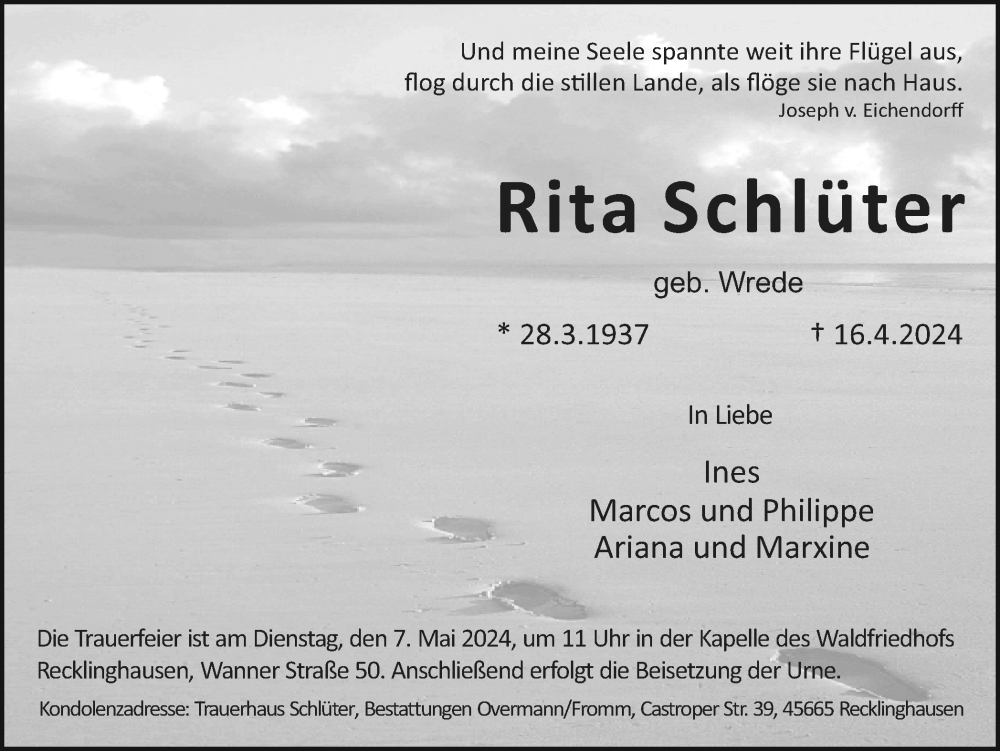  Traueranzeige für Rita Schlüter vom 27.04.2024 aus Medienhaus Bauer