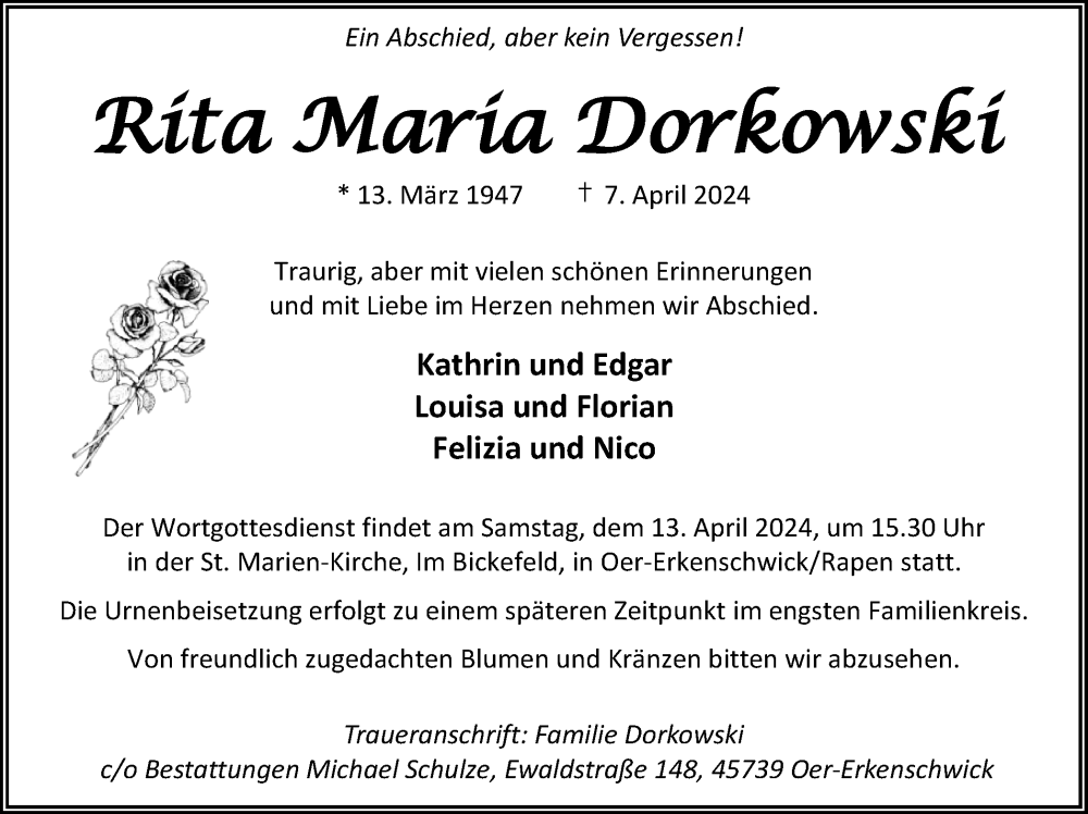  Traueranzeige für Rita Maria Dorkowski vom 10.04.2024 aus Medienhaus Bauer