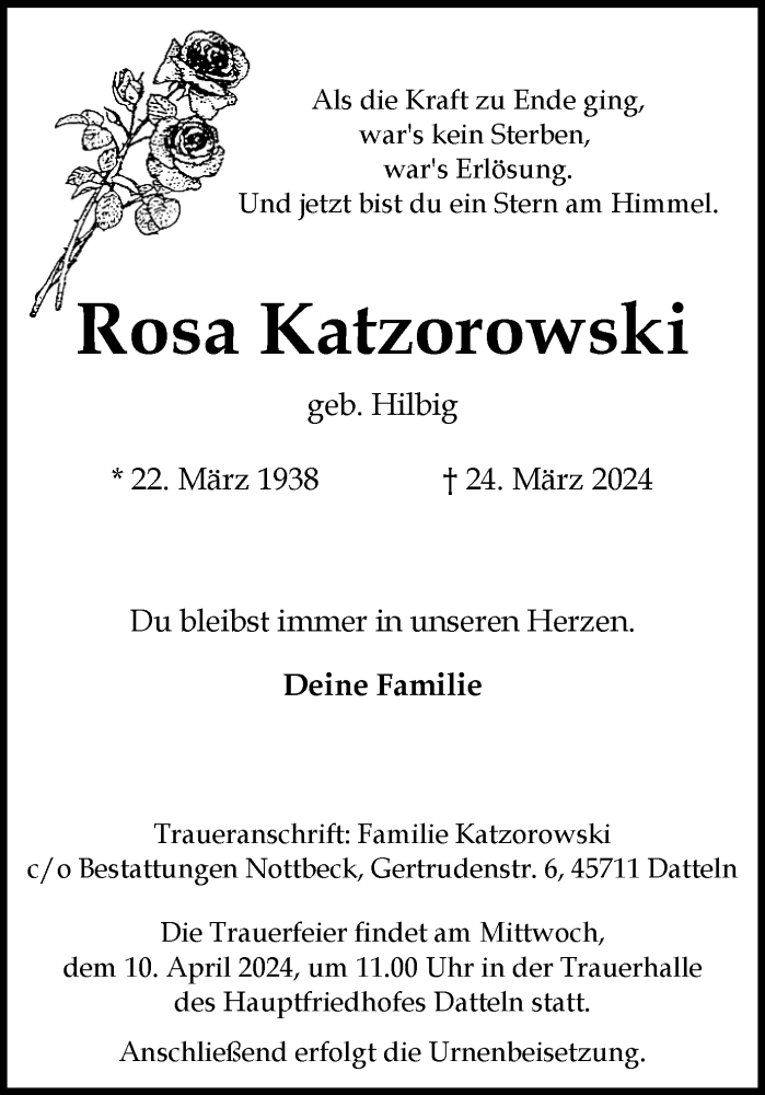  Traueranzeige für Rosa Katzorowski vom 03.04.2024 aus Medienhaus Bauer