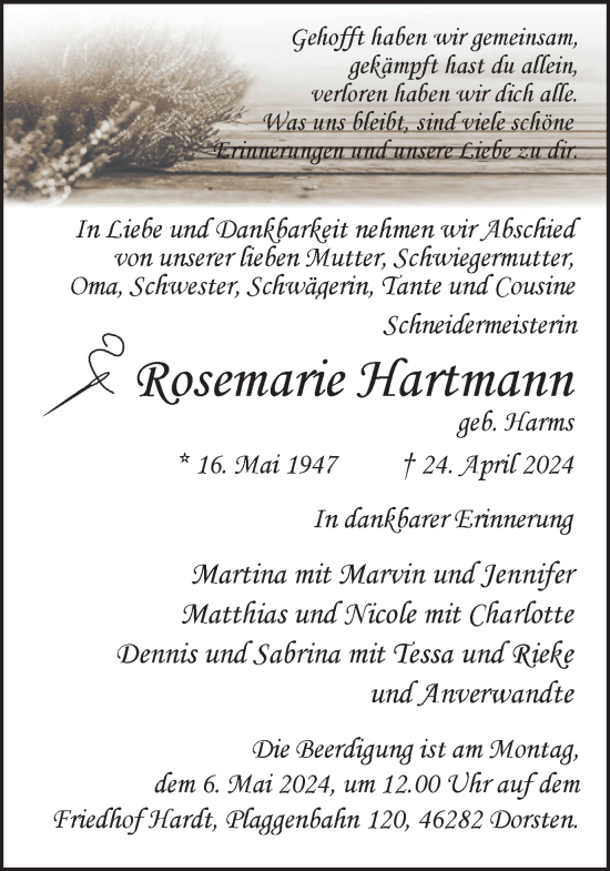 Traueranzeige von Rosemarie Hartmann von Ruhr Nachrichten und Dorstener Zeitung