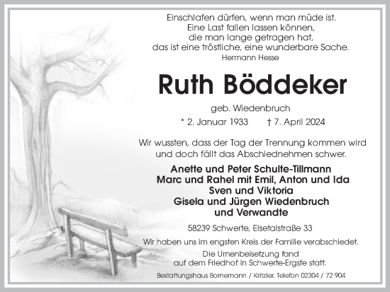 Traueranzeige von Ruth Böddeker von Ruhr Nachrichten
