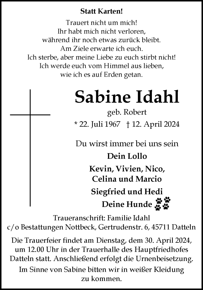  Traueranzeige für Sabine Idahl vom 24.04.2024 aus Medienhaus Bauer
