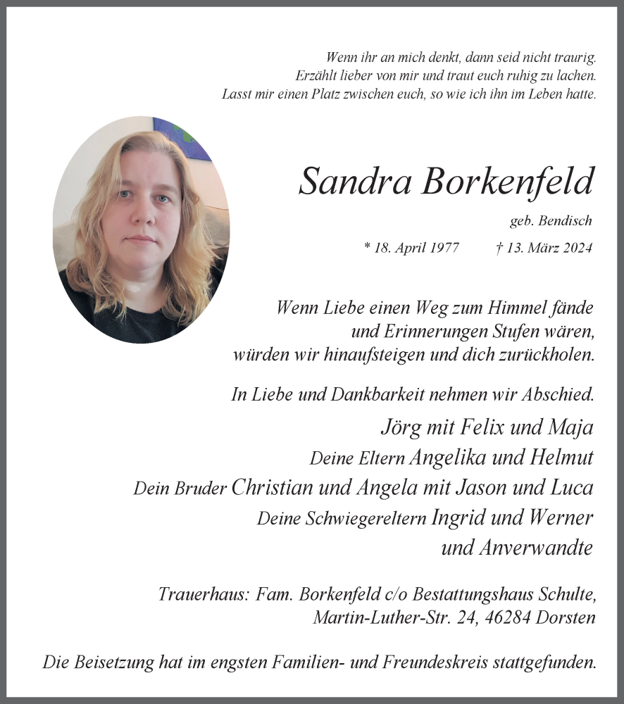  Traueranzeige für Sandra Borkenfeld vom 06.04.2024 aus Ruhr Nachrichten und Dorstener Zeitung