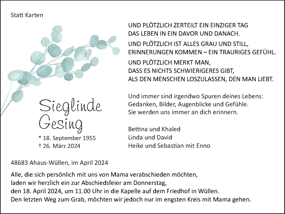  Traueranzeige für Sieglinde Gesing vom 10.04.2024 aus Münsterland Zeitung