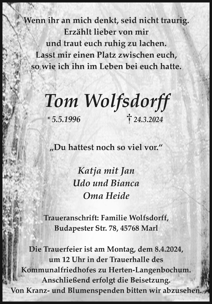  Traueranzeige für Tom Wolfsdorff vom 05.04.2024 aus Medienhaus Bauer