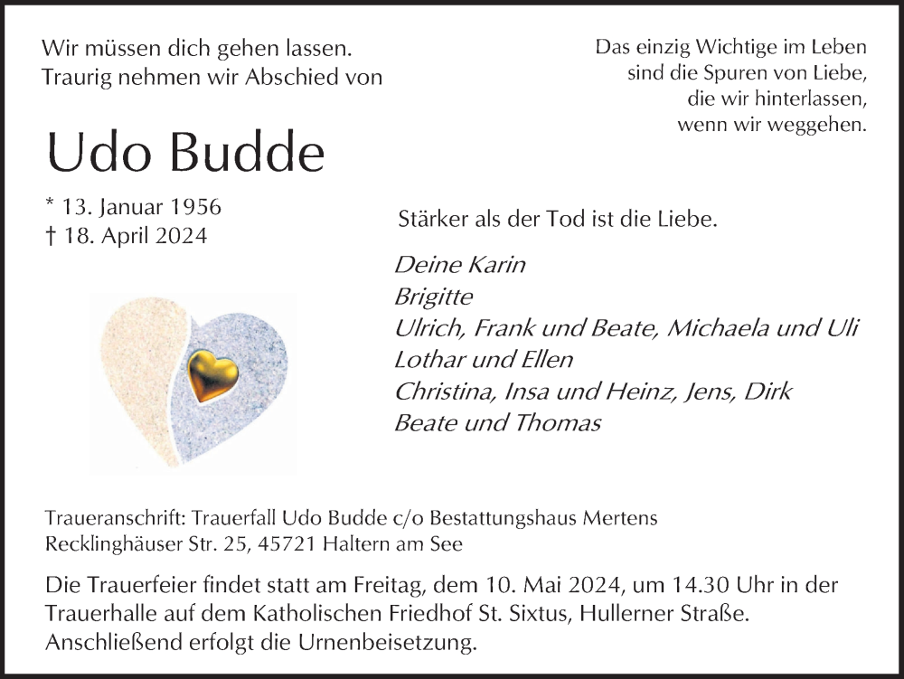  Traueranzeige für Udo Budde vom 27.04.2024 aus Ruhr Nachrichten und Halterner Zeitung