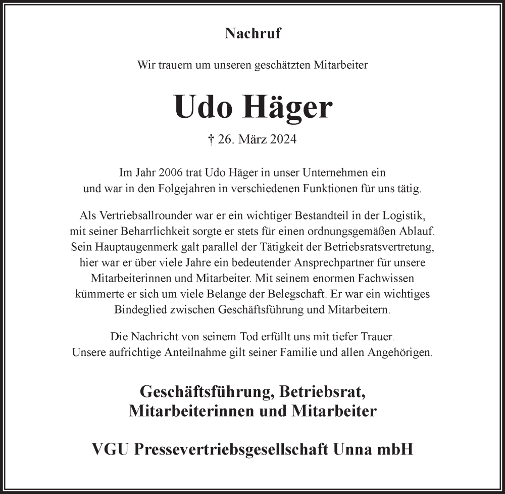  Traueranzeige für Udo Häger vom 06.04.2024 aus 
