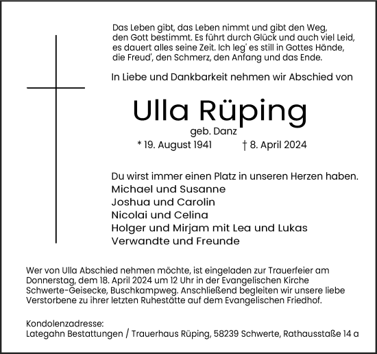 Traueranzeige von Ulla Rüping 