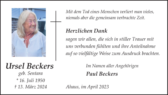 Traueranzeige von Ursel Beckers von Münsterland Zeitung