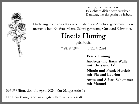 Traueranzeige von Ursula Hüning von Ruhr Nachrichten