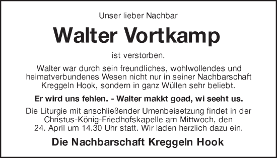 Traueranzeige von Walter Vortkamp von Münsterland Zeitung