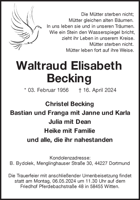 Traueranzeige von Waltraud Elisabeth Becking 