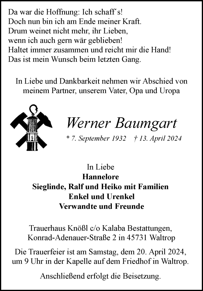  Traueranzeige für Werner Baumgart vom 17.04.2024 aus Medienhaus Bauer