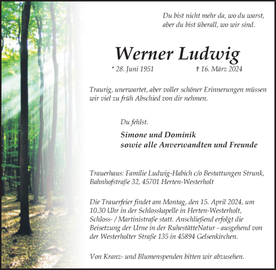 Traueranzeige von Werner Ludwig von Medienhaus Bauer