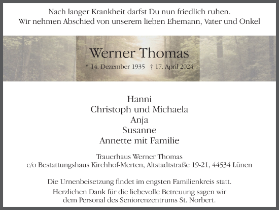 Traueranzeige von Werner Thomas von Ruhr Nachrichten
