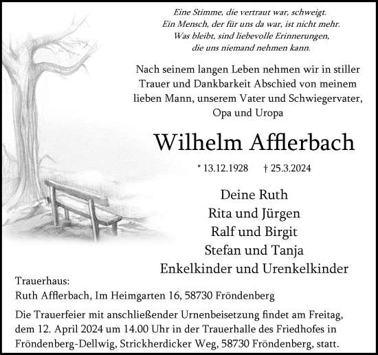 Traueranzeige von Wilhelm Afflerbach von Ruhr Nachrichten
