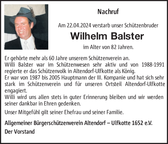Traueranzeige von Wilhelm Balster