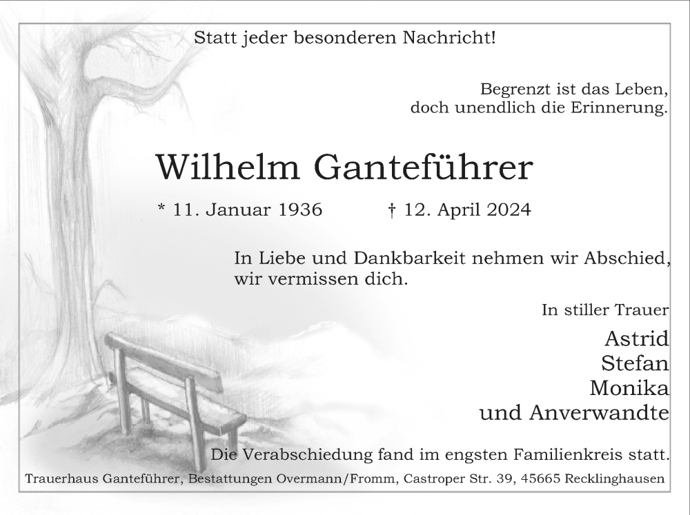  Traueranzeige für Wilhelm Ganteführer vom 27.04.2024 aus Medienhaus Bauer