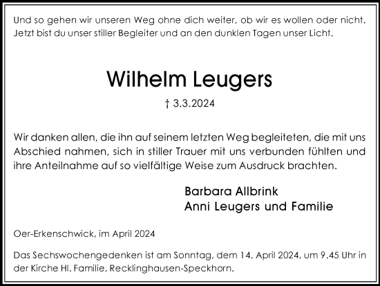 Traueranzeige von Wilhelm Leugers von Medienhaus Bauer