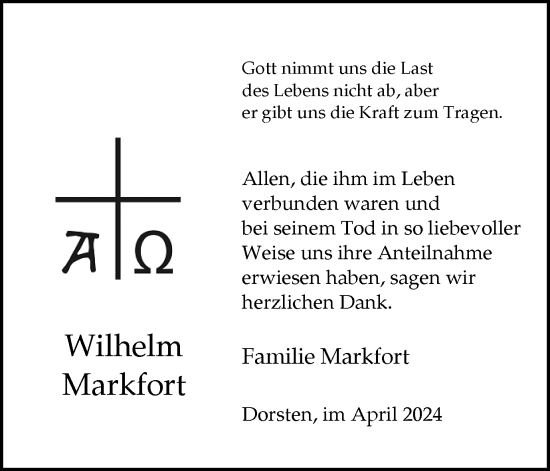 Traueranzeige von Wilhelm Markfort von Ruhr Nachrichten und Dorstener Zeitung