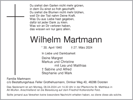Traueranzeige von Wilhelm Martmann von Ruhr Nachrichten und Dorstener Zeitung