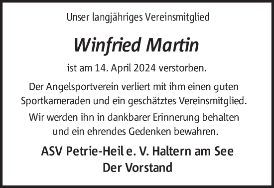 Traueranzeige von Winfried Martin von Ruhr Nachrichten und Halterner Zeitung